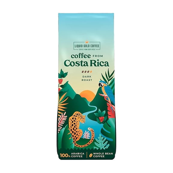 Liquid Gold Coffee Whole Bean Coffee, Dark Roast, Costa Rica, Fair Trade, 100% Arabica, 1 Bag, 12 Oz
