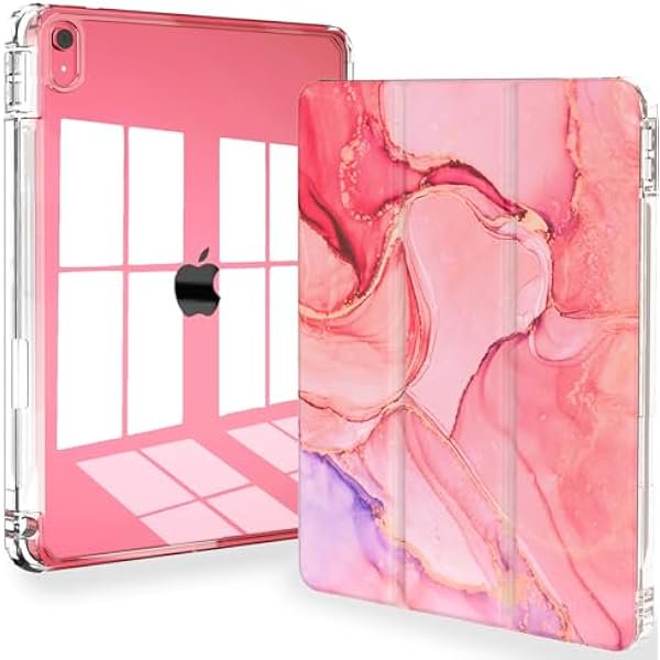 wonima44 Feams Case for iPad (A16) 11th Generation 11 Inch 2025, iPad 10th Generation 10.9 Inch 2022, Slim iPad A16 Case Clear Back Cover with Pencil Holder & Auto Sleep, Hot Pink Marble