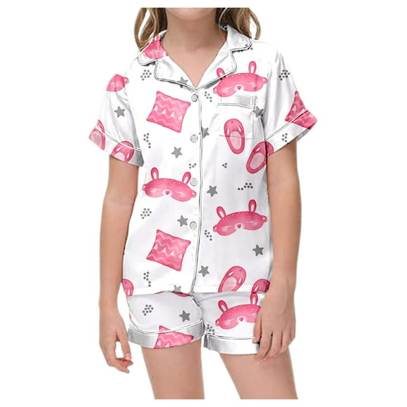 Kids Pajamas Cute Printed Home Set Shorts Up Short Sleeved Top Button Casual Girls' Sleepwear White 8-9 Years