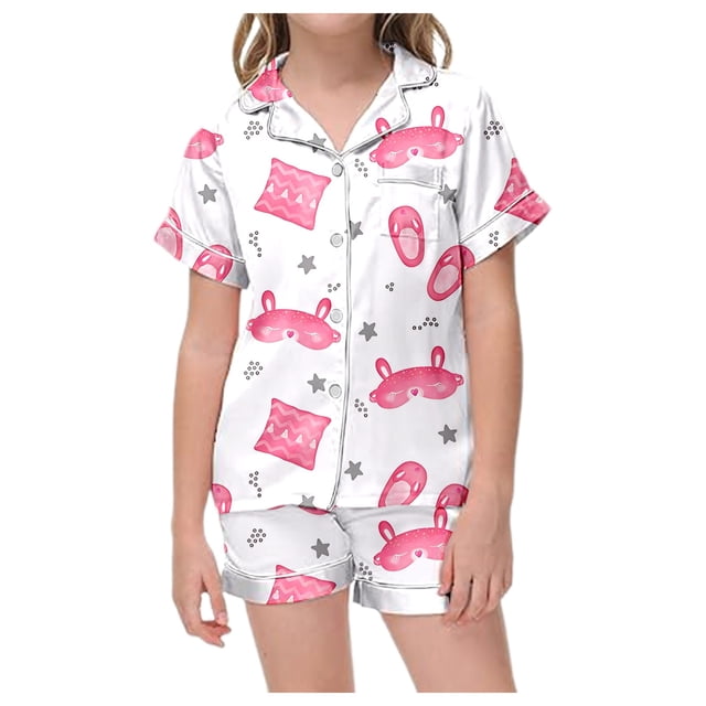 MEZZALL Pyjama Imprimé Mignon pour Filles, Manches Courtes, Boutonné, Shorts, Ensemble de Maison, 6-7 Ans