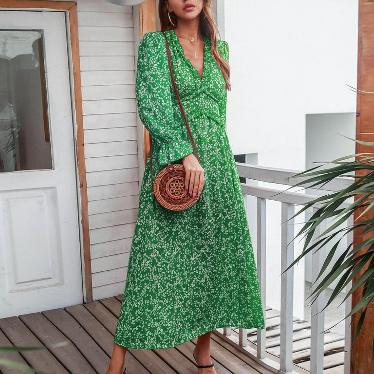 Long Dresses for Women UK Elegant Floral Ruffle Sexy V Neck Long Sleeve Dress Cuff Sleeve Ankle Length Casual Loose Maxi Dress Autumn Ladies Dresess Size 8 14 Walmart