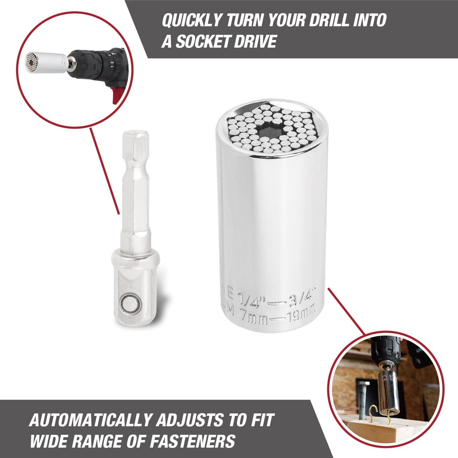 Hyper Tough Universal Socket with Power Drill Adaptor, Fits 1/4-3/4 inch