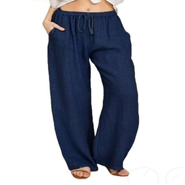 Casual Linen Palazzo Pants for Women High Waisted Solid Color Drawstring Loose Pants with Pocket