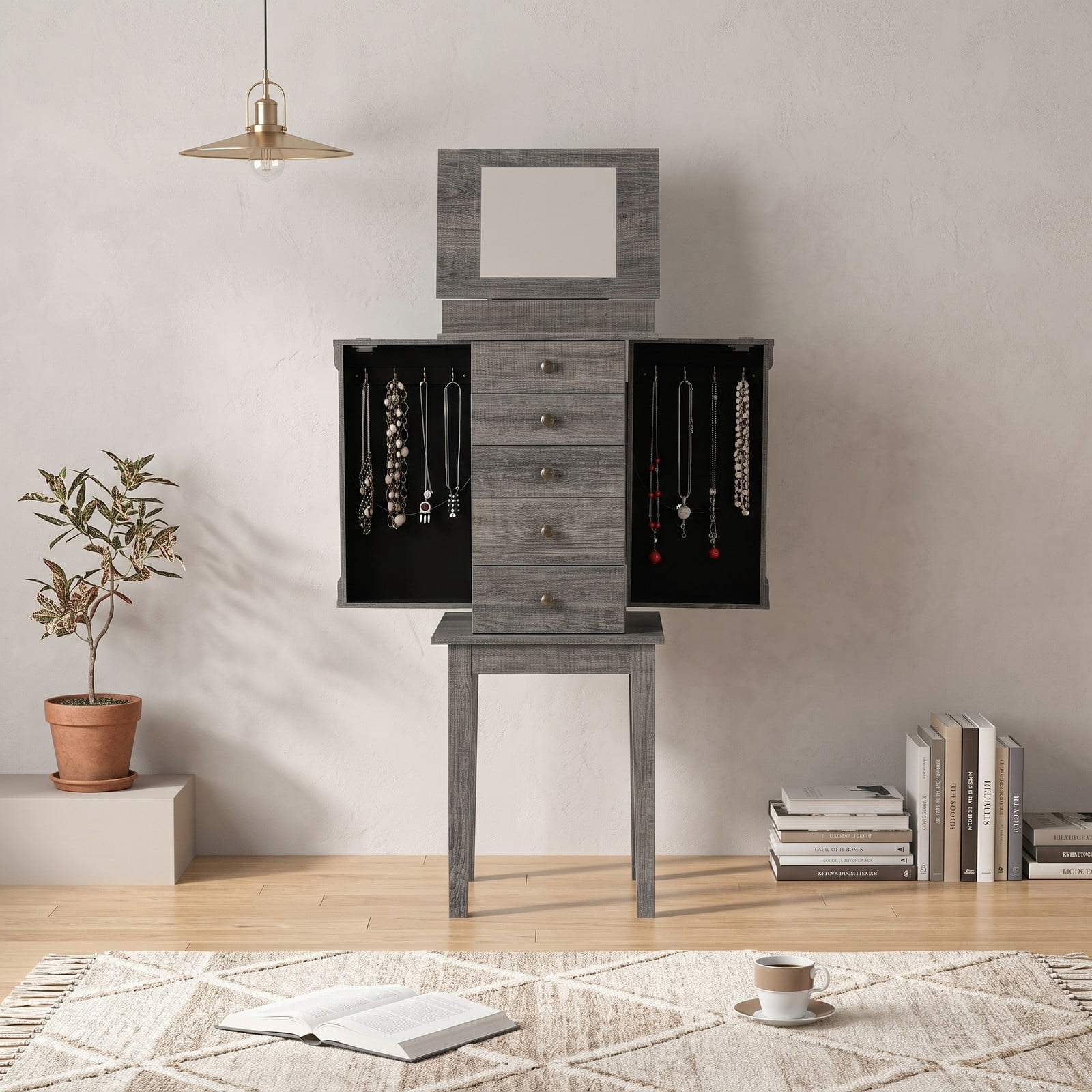 Furnibear Freestanding Jewelry Cabinet Storage Organizer with 5 Drawers and Wooden Legs for Bedroom Necklace Storage, Gray