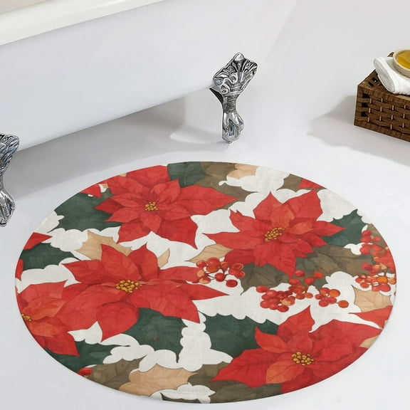 Christmas Poinsettia Red Flower Round Carpet Circle Rug Outdoor Patio Area Rug Washable Large Area Rugs Hallway Room Decor Fitness Mats