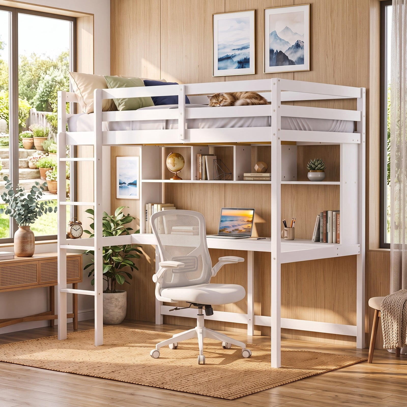 Furnibear Twin Size Loft Bed with Desk and Shelves for Home Dorm Apartment, Space-Saving Wood High Loft Bed with Ladder, No Box Spring Needed, White