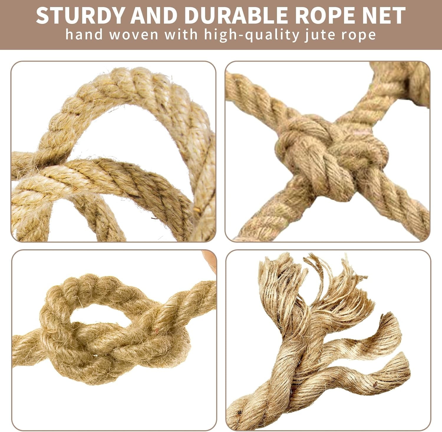 Heavy Duty Jute Rope Tear-resistant Sisal Rope Mesh Twine Netting Wall Children Pets Container Protection Net Safety Netting For Balcony Stairs Scenic Railings Garden Bar Decoration 1x2m