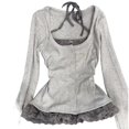 thumbnail image 4 of DHFJKG Long Sleeve Shirts For Women 2 In 1 T Shirt Slim Fit Lace Trim Casual Button Up Going Out Clothes Comfortable Tops, 4 of 4
