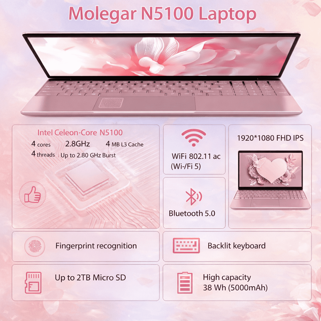 Molegar 15.6" Fhd Business Laptop, Intel Celeron N5100, 8GB RAM, 256GB SSD, Fingerprint Reader, Bluetooth 5.0, Windows 11, Pink