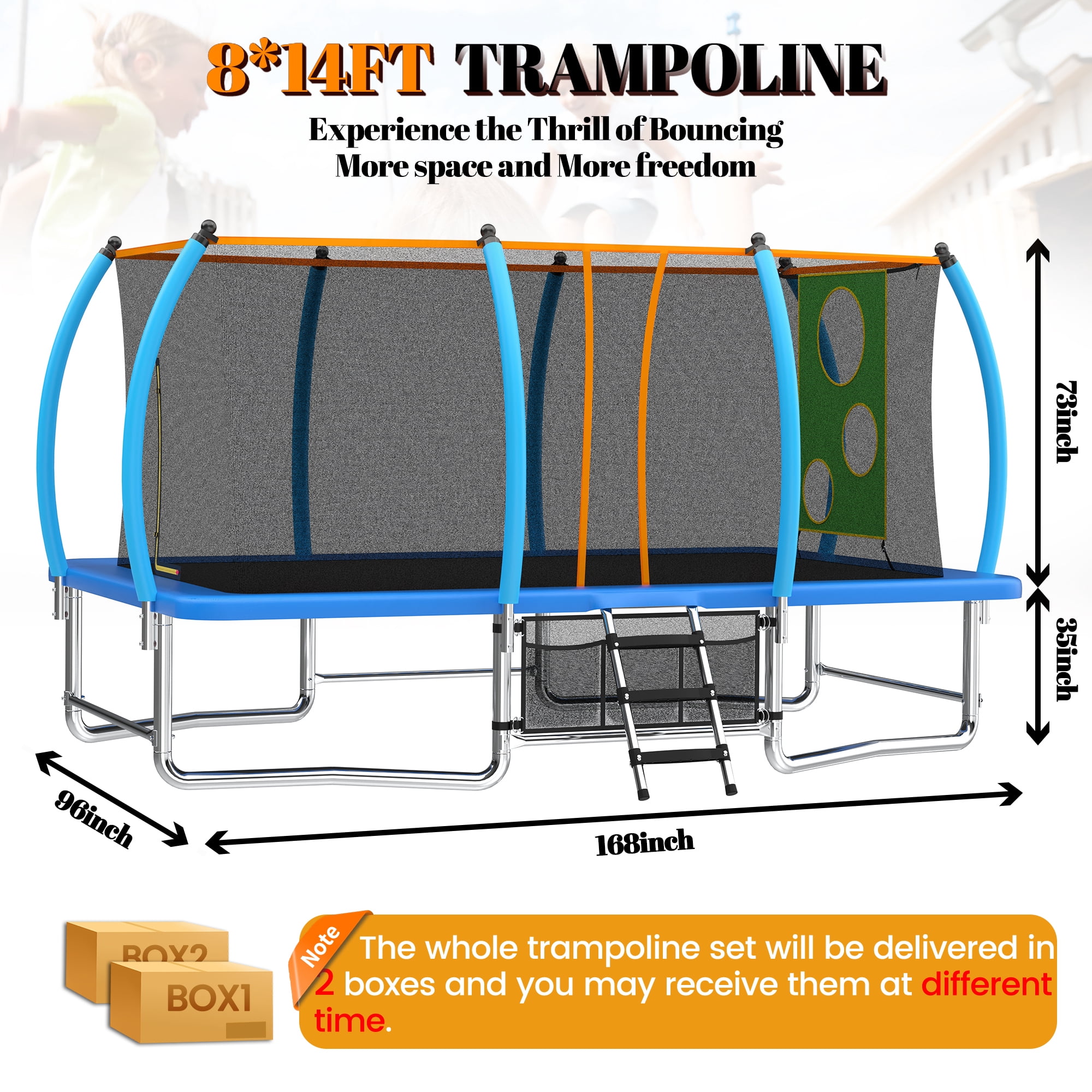 Alvantor 8X14 Ft Trampoline Rectangle, Outdoor Square Trampolines with Enclosure Net Blue