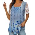 thumbnail image 2 of Wycnly Womens Blouses and Tops Dressy Sexy Lace Patchwork Sleeve Loose Flowy Pleated Swing Shirts Summer Floral Print Square Neck Short Sleeve Cute Tees Tops Blue XXL, 2 of 5