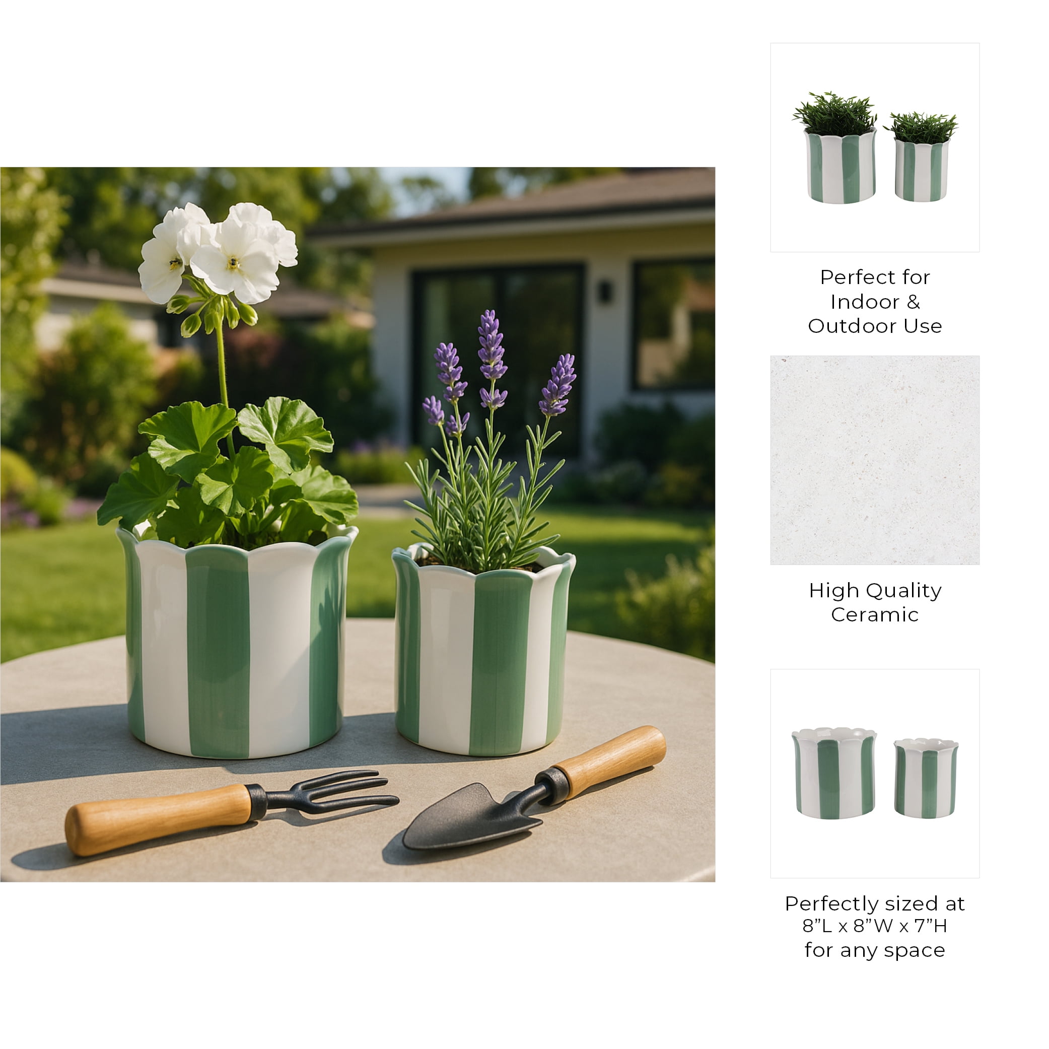 Ceramic Scalloped Striped Flower Pots for Home Decor - Decorative Planters for Indoor and Outdoor Plants - Plant Pots for Living Room and Garden Decor - Set of 2, 7", 6", Green & White