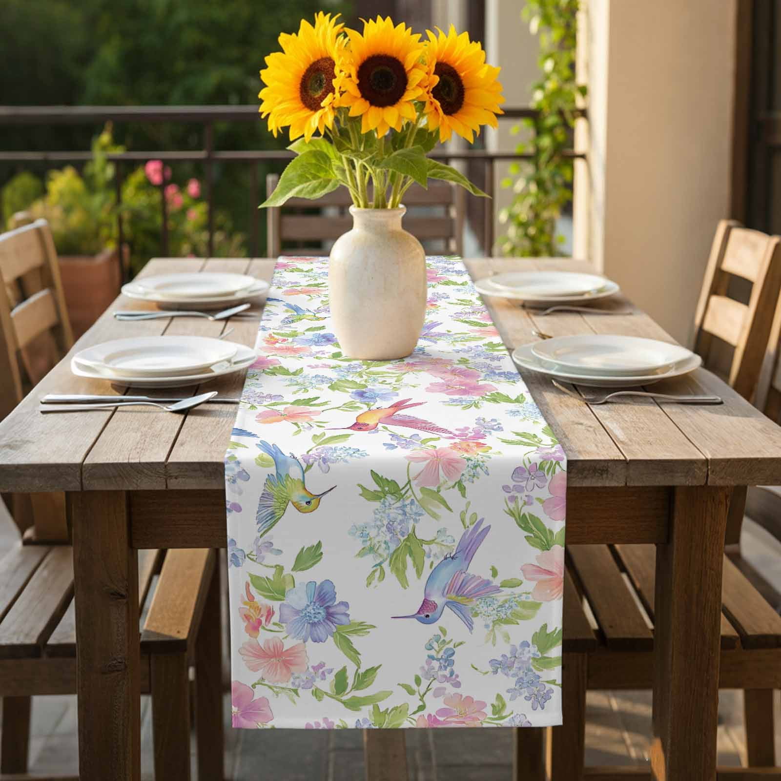 Spring Hummingbird Cotton Linen Table Runner Colorful Birds Dining Table Runners for Home Decor Party Dining Room Restaurant Kitchen 13" x 120"