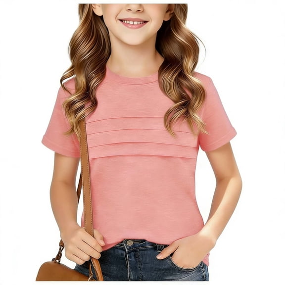 Juslio Girls Ruched T Shirts Breathable Crew Neck, Casual Short Sleeved Tops Comfortable Shirts Sizes 2-18