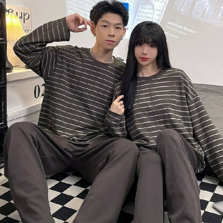 

DanceeMangoo 2PCS Long Sleeve Cotton Couple Pajamas Set Women Sleepwear Family Pijama Stripe Homewear Trousers Women Casual Men Pyjamas