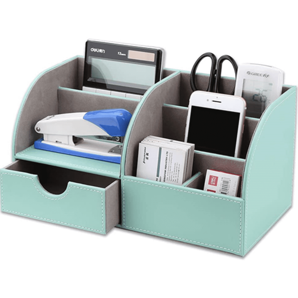 S-Mint Blue Business Name Cards Remote Control Holder with Small Drawer KINGFOM Wooden Struction Leather Multi-Function Desk Stationery Organizer Storage Box Pen/Pencil,Cell Phone