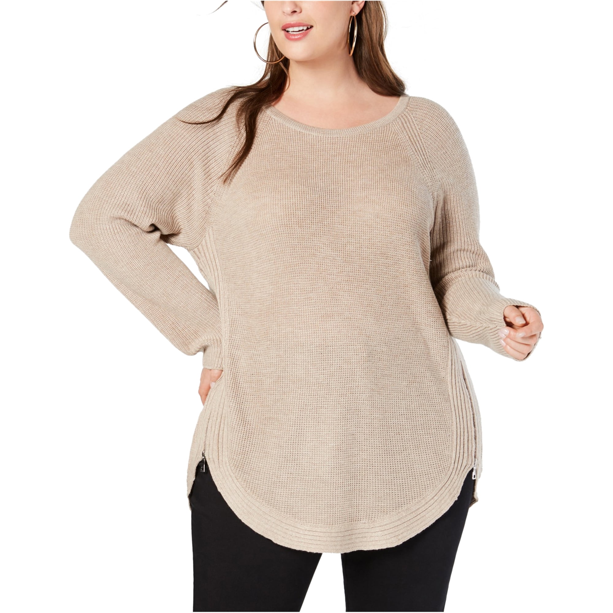 INC Womens Waffle Side Zip Pullover Sweater, Beige, 0X