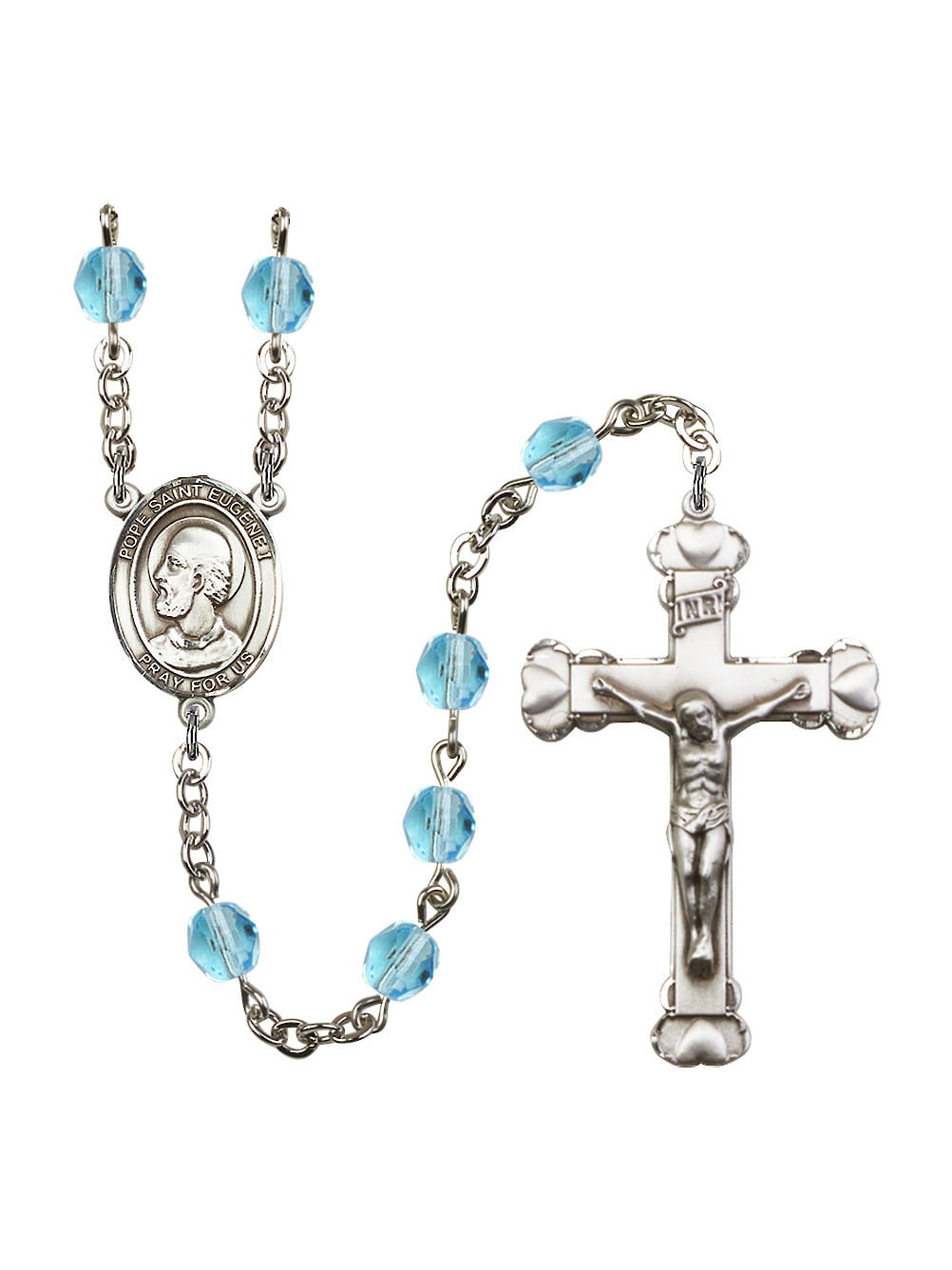 and 1 3/8 x 3/4 inch Crucifix Pope Saint Eugene I Center Silver Finish Pope Saint Eugene I Rosary with 6mm Aqua Color Fire Polished Beads Gift Boxed