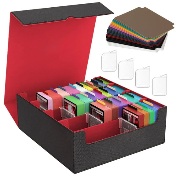 4-Row Trading Card Storage Box, Card Deck Case for Trading Cards 3000 , Card Organizer Box with 24 Dividers and 4 Clips, Adsorptive Closure, Waterproof PU Leather and Velvet Interior