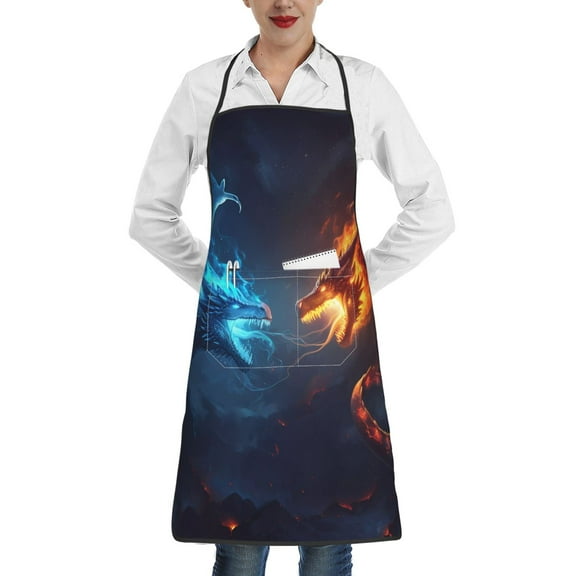 Pofeuu Red And Blue Fire Dragon C Print Aprons with Pockets, Cute Aprons for Kitchen, Cooking, Server, Barber, Chef Apron