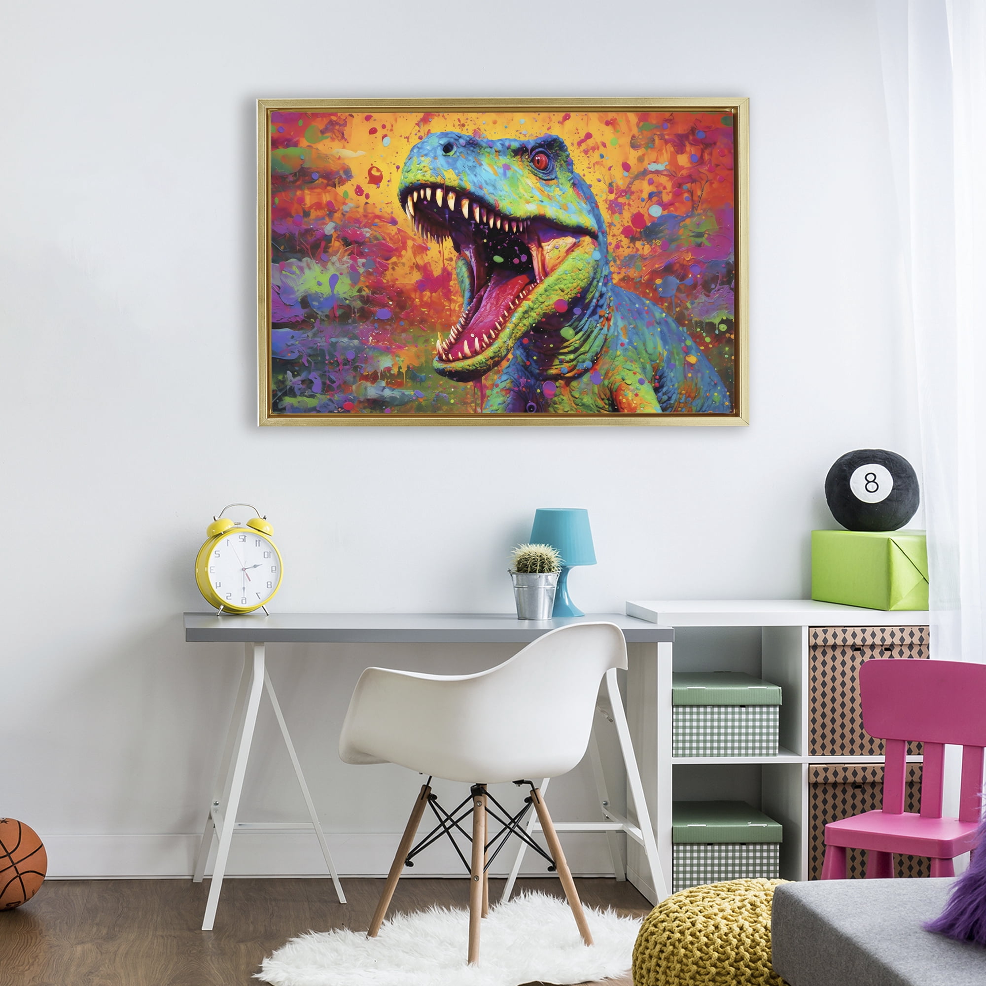 Stupell Industries Colorful T-Rex with Splatter Gold Framed Floater Canvas Wall Art, design by Creative Studio