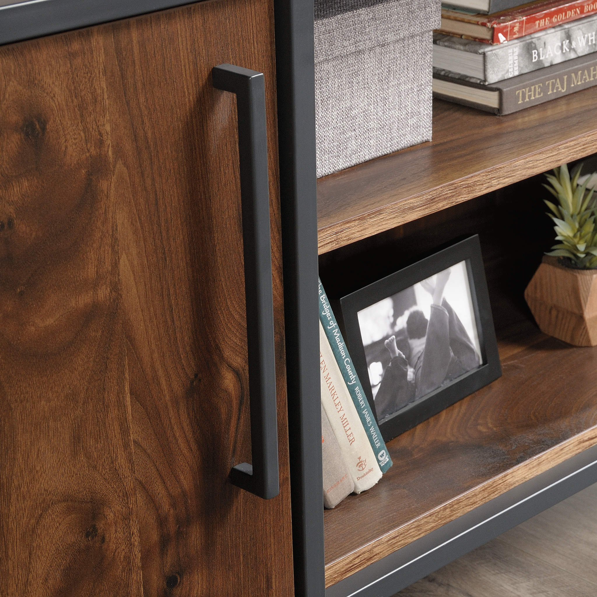 Sauder Nova Loft Metal & Wood TV Stand with Shelves & Storage for TVs up to 46", Grand Walnut Finish