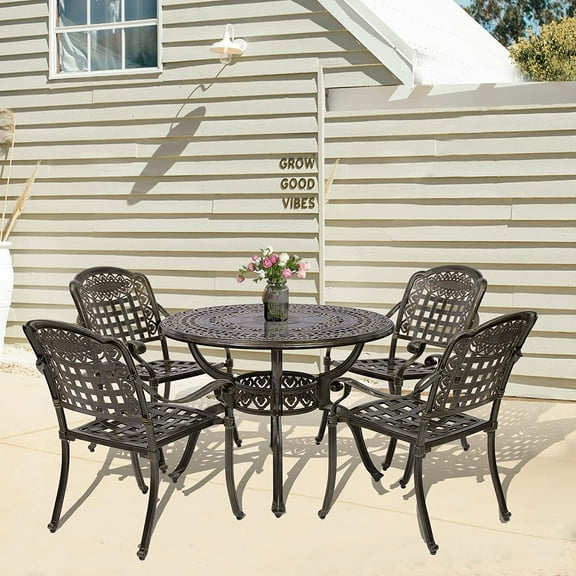 W WARMHOL 5-Piece Outdoor Patio Dining Set, All-Weather Cast Aluminum Patio Furniture Set for Backyard Garden Deck with 4 Chairs and 40.3" Round Table, 2" Umbrella Hole