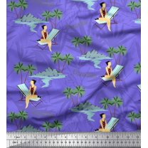 Soimoi Purple Rayon Fabric Plam Tree,Chair & Girl Beach Printed Fabric 1 Yard 56 Inch Wide