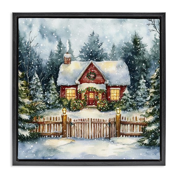 Stupell Industries Farmhouse Scenic Winter Cottage Black Floating Frame Canvas Art, 18 x 18, by Michael McKinney