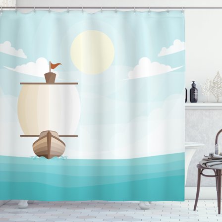 Blue Nautical Shower Curtain, Digitally Generated Layout of a Sailboat in Ocean Sun Beaming, Fabric Bathroom Set with Hooks, 69W X 70L Inches, Umber Seafoam Pale Blue, by Ambesonne