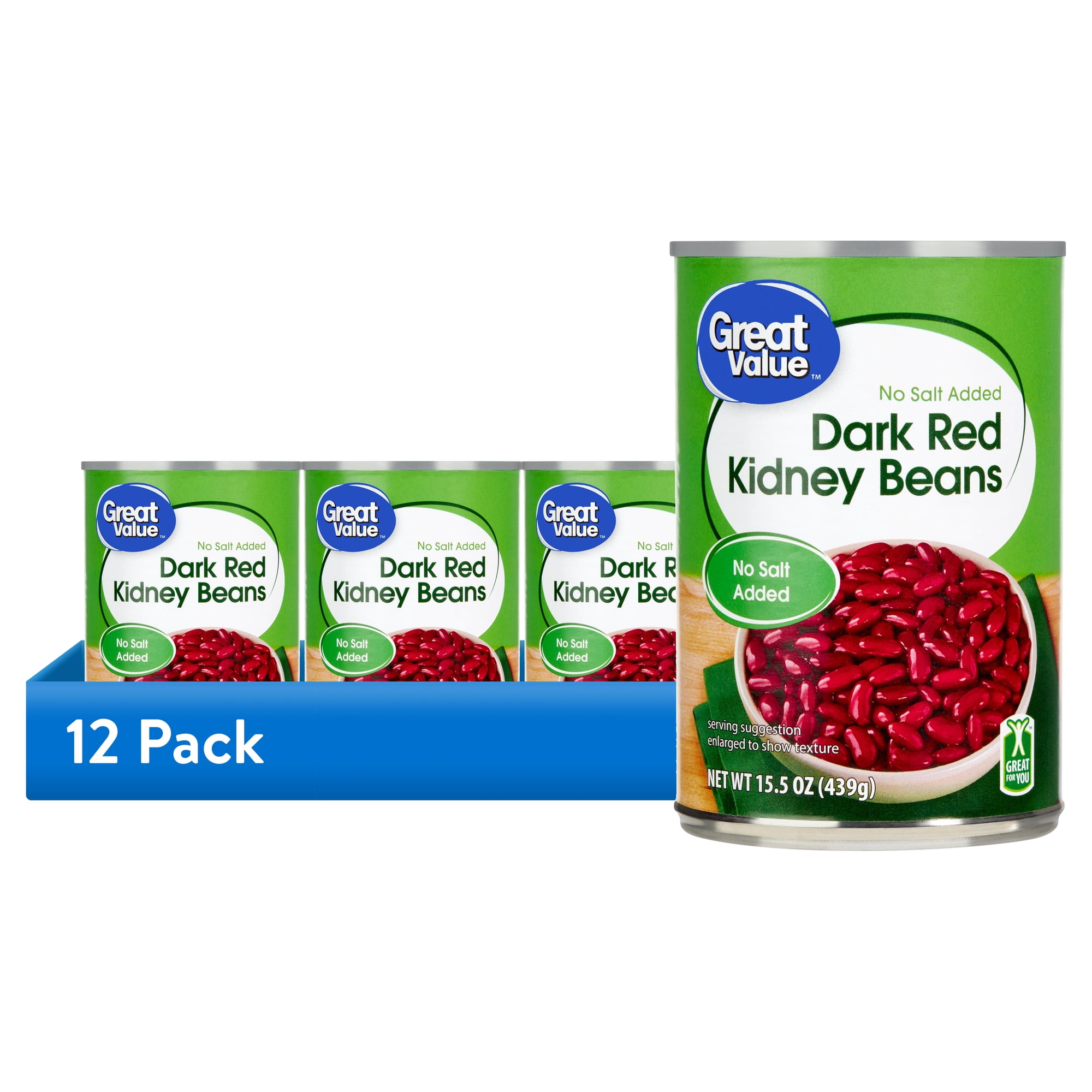 (12 pack) Great Value Dark Red Kidney Beans, No Salt Added, 15.5 oz