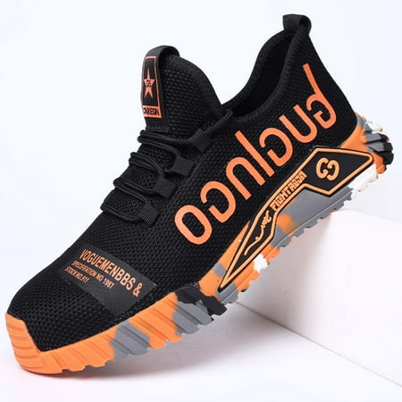

Men‘s Knit Lette Print Breathable Anti-skid Steel Toe Work Shoes Wear-resistant Puncture Proof Lace Up Work Safety Shoes