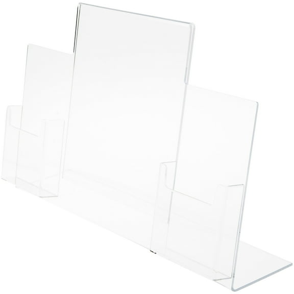 Plymor Clear Acrylic Slanted-Back Countertop Sign Holder with Tri-Fold Brochure Pocket on Right & Left, 11" H x 13" W x 5" D