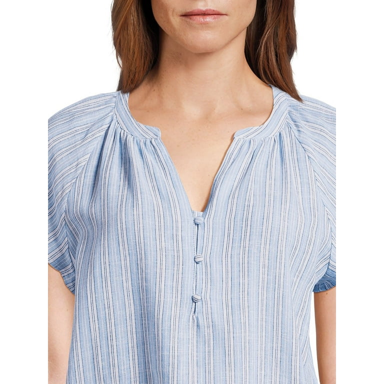 Time and Tru Women's Split Neck Top with Flutter Sleeves