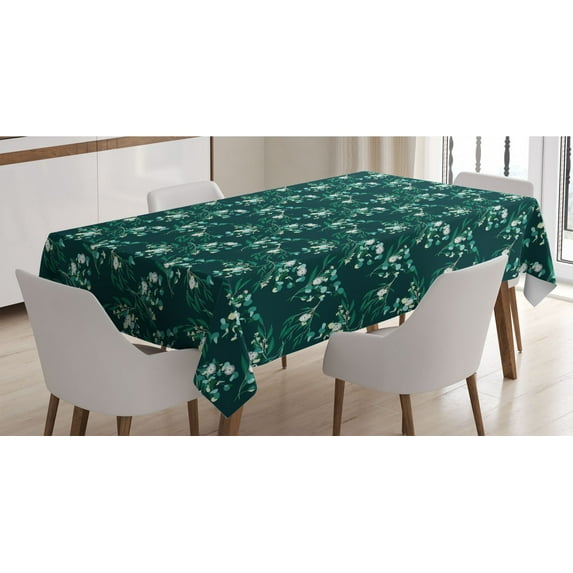 Botanical Tablecloth, Seasonal Flourishing Tree Branches Nature Herbal Blossom, Rectangle Satin Table Cover Accent for Dining Room and Kitchen, 52" X 70", Petrol Blue Jade Green, by Ambesonne