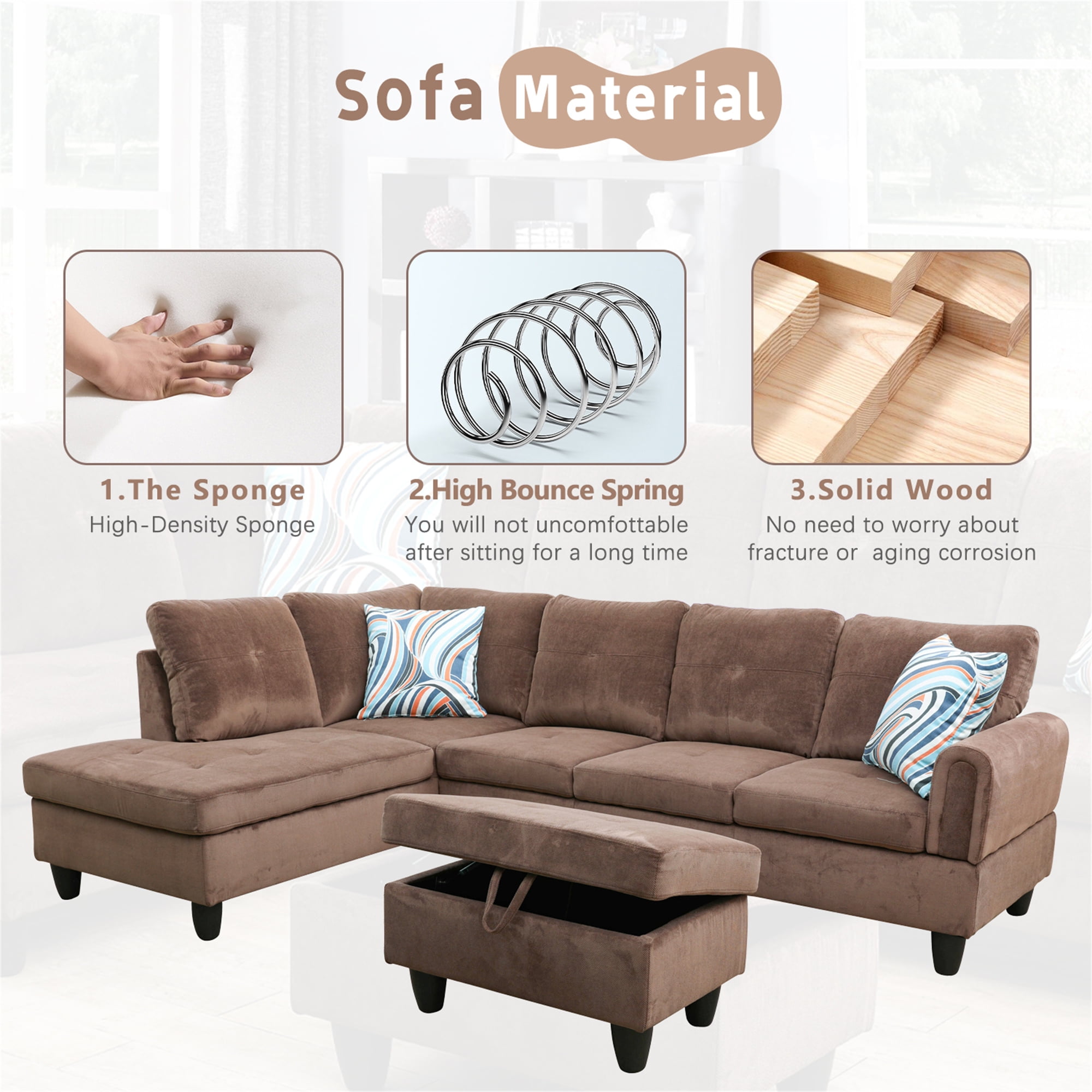 Aukfa 3 Piece L-shape Sectional Sofa Couch w/ Storage Ottoman, Right Chaise, 2 Pillows, Pineapple Velvet, Brown