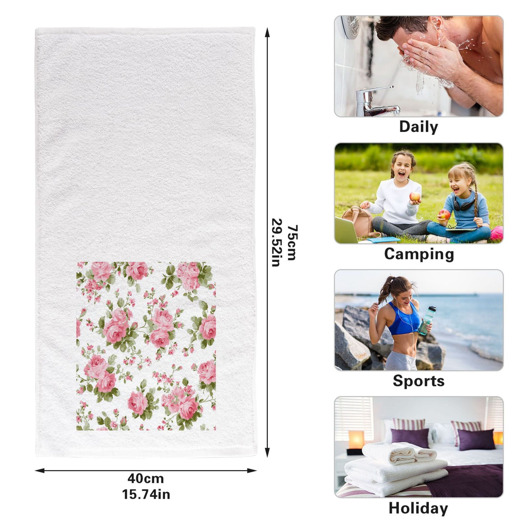 Chic Pink Roses Pure Cotton Towels Bath Towel Quick Drying for Bathroom Beach Sports 16" x 30" Set of 2