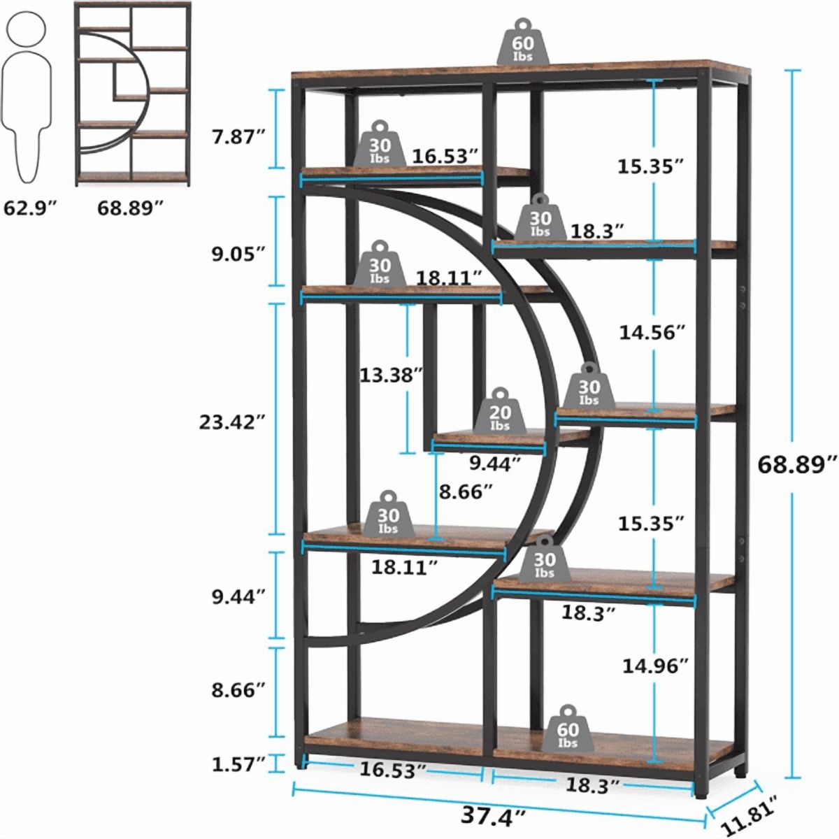9-Tier Etagere Bookcase, Black Metal Frame with Rustic Brown Boards, Half-Moon Silhouette, Industrial Style for Living Room/Home Office