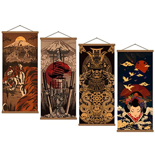 4 Piece Japanese Warrior Canvas Samurai Wall Art Print Poster Artwork Home Decorations 16”x35”