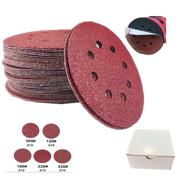 50 Pcs Assorted Grit Sanding Discs, 5 Inch 8 Holes Round Sandpaper for Orbital Sander
