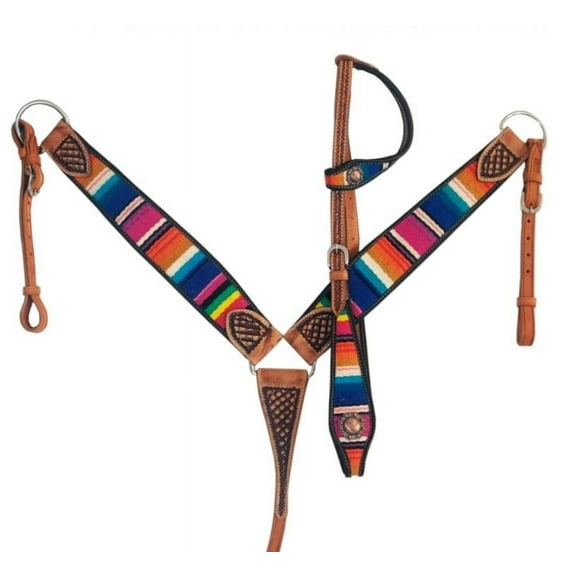 Showman Single Ear Leather Headstall & Breast Collar Set w/ Wool Serape Blanket Inlay