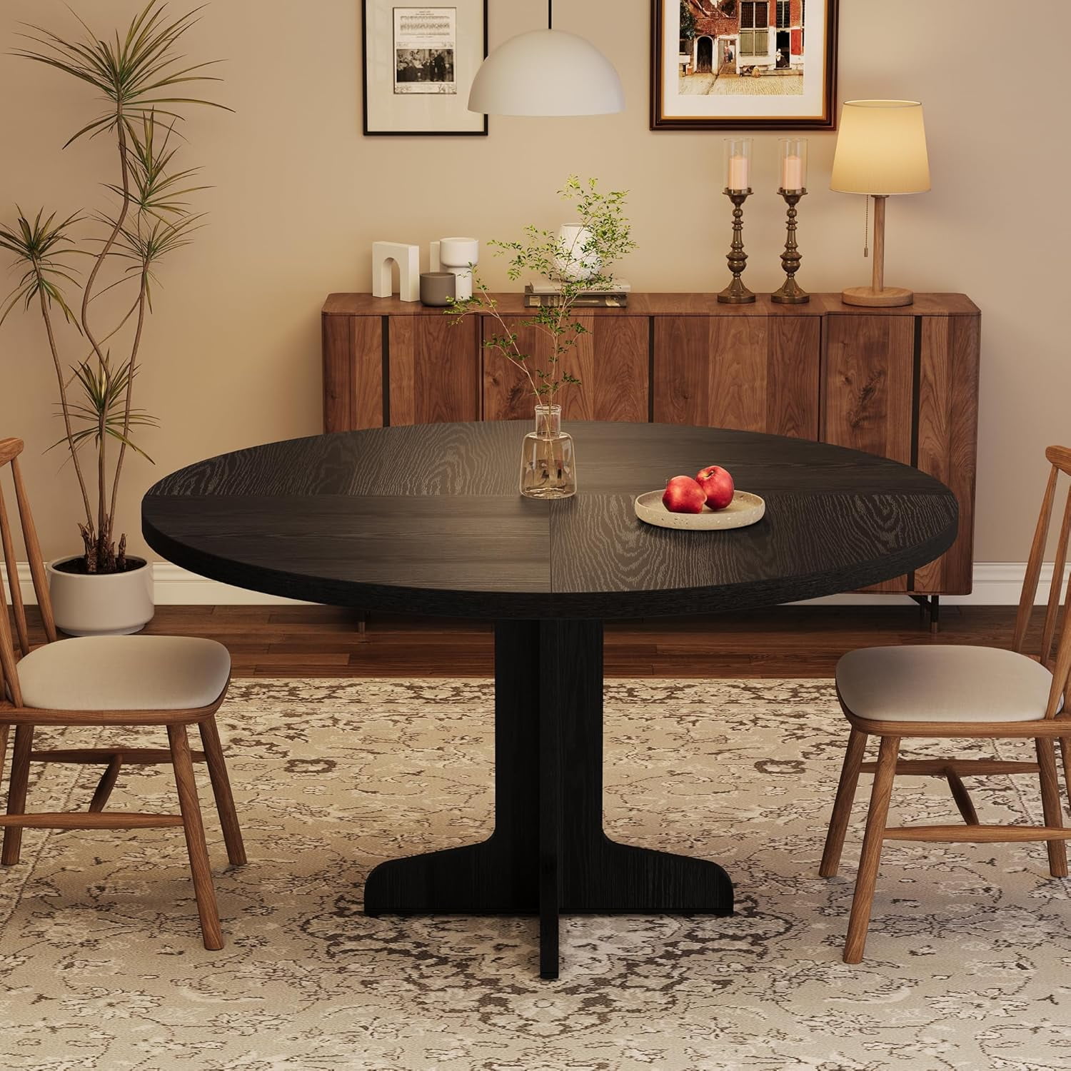 GAOMON 47 inch Round Dining Table for 4-6 People, Farmhouse Circle Kitchen Table with Wooden Table Top and Legs, Dinner Table for Dining Room Living Room, Black (Only Table)