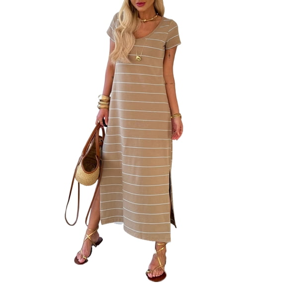 Women's Khaki Stripe Maxi T-Shirt Dress – Casual Short Sleeve with Side Slit for Summer Days, XL