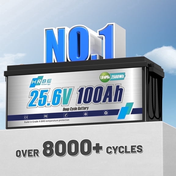 24V 100Ah LiFePO4 Lithium Battery,for RV,Camper,Solar,Marine,Boat,Backup Power,Smart 100A BMS,HRBEENERGY 15000 Deep Cycles,10 Years Lifetime