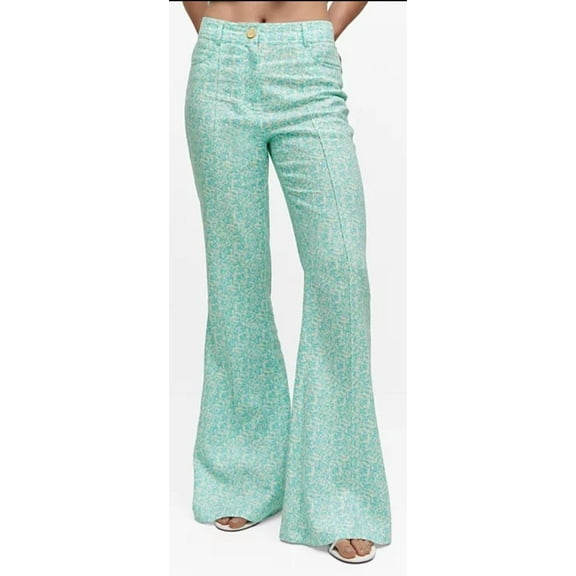 Mango TURQUOISE Women's Floral Linen Pants, US 6