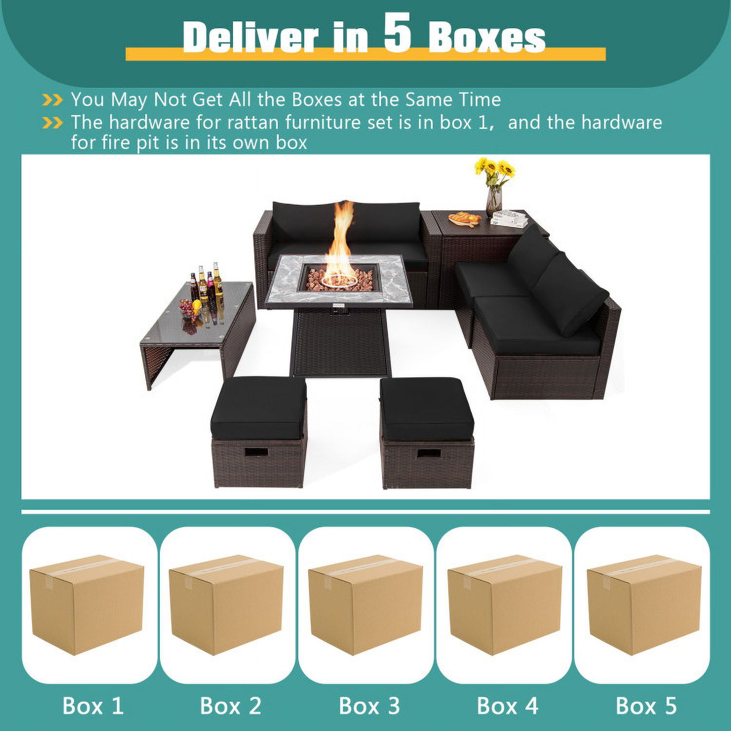 Aimee Lii 9 Pieces Patio PE Wicker Sectional Set with 50000 BTU Fire Pit Table, Outdoor Patio Set, Black Aimee Lii 9 Pieces Patio PE Wicker Sectional Set with 50000 BTU Fire Pit Table, Outdoor Patio Set, Black