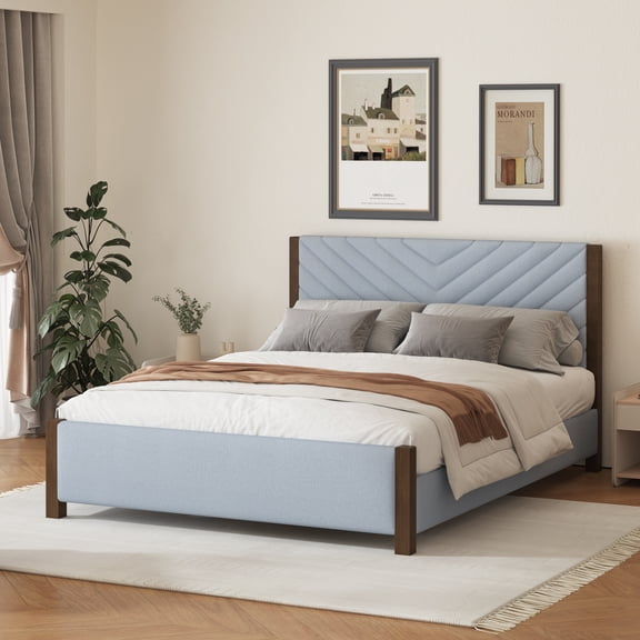 Modern Mid-Century Queen Upholstered Platform Bed Frame with Tufted Headboard and Solid Wood Legs,No Box Spring Needed,Beige