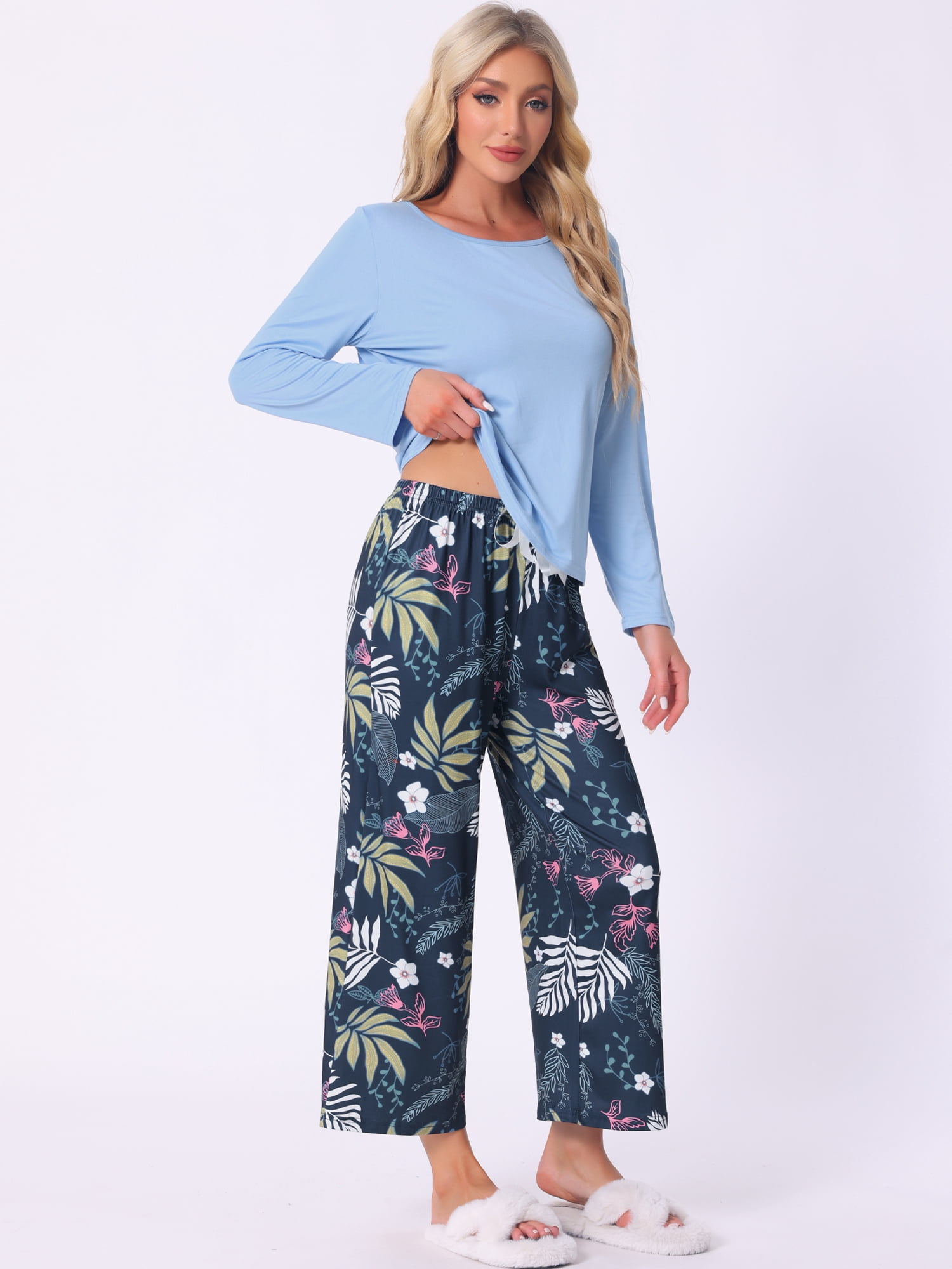 DARING DIVA Long Sleeve Floral Capri Soft Strechy Pajama Sets 2 Pieces S Deep Blue