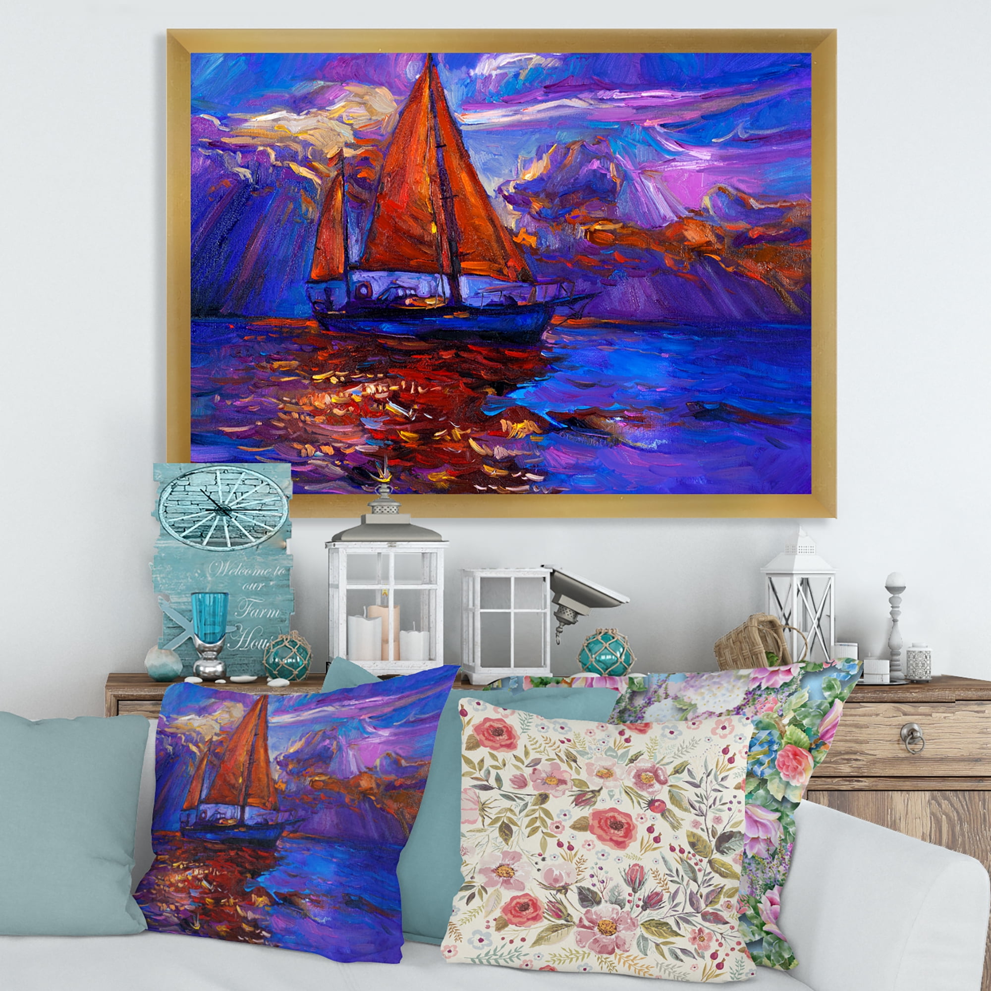 Designart 'Red Sail Ship On Purple Sunset in Blue Ocean' Nautical & Coastal Framed Art Print