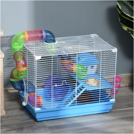 JERFIT 2-Level Metal Hamster Cage with Wheel, Water Bottle & Tubes - Blue Pet Habitat for Dwarf Hamsters, Mice & Gerbils